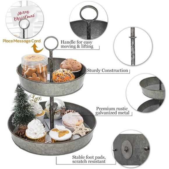 Farmhouse 2 Tiered Galvanized Serving Tray Stand with Handle, Rustic Metal Tray - Picture 3 of 6